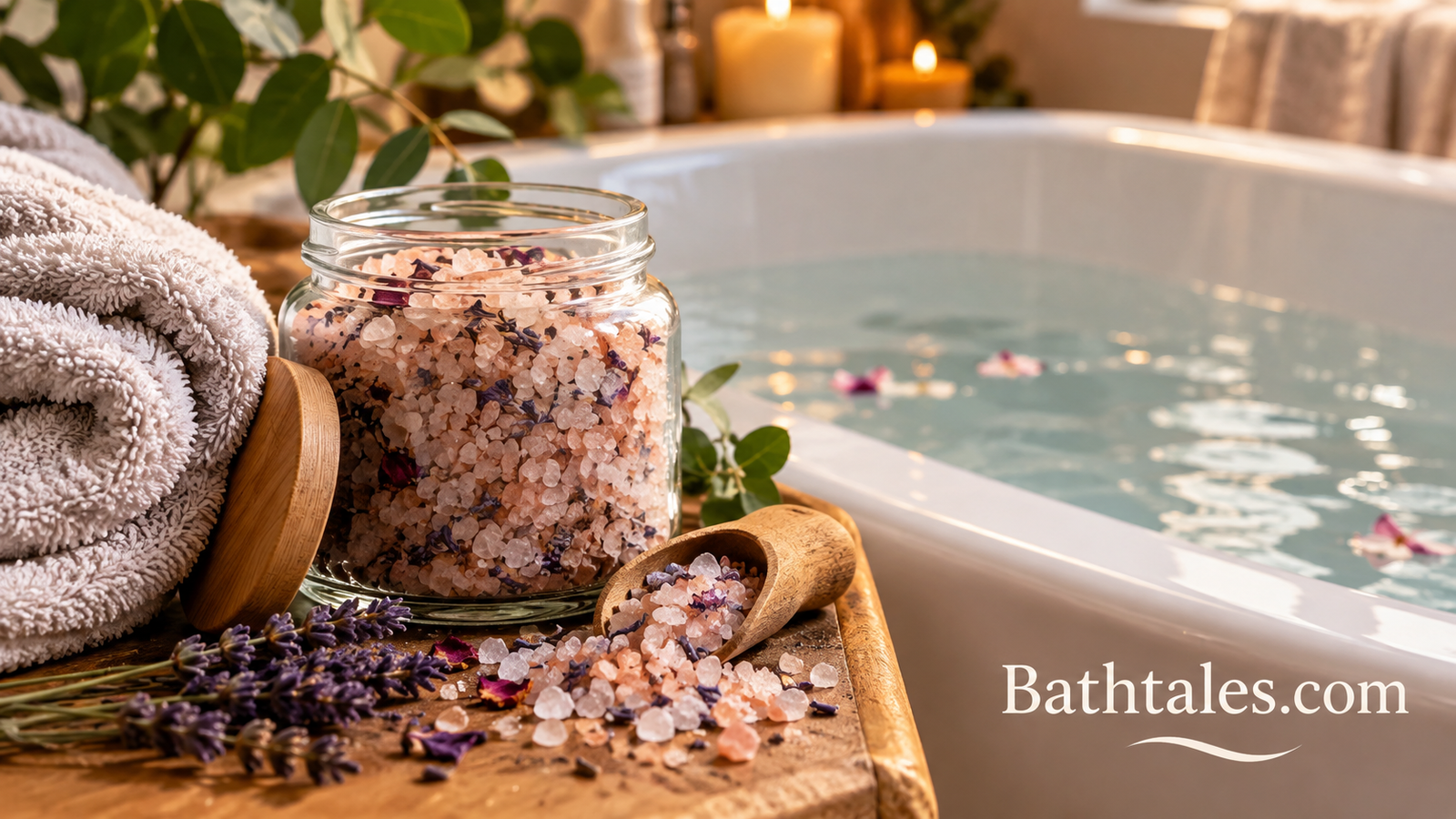 Close-up of bath salts and a soft towel beside a filled tub