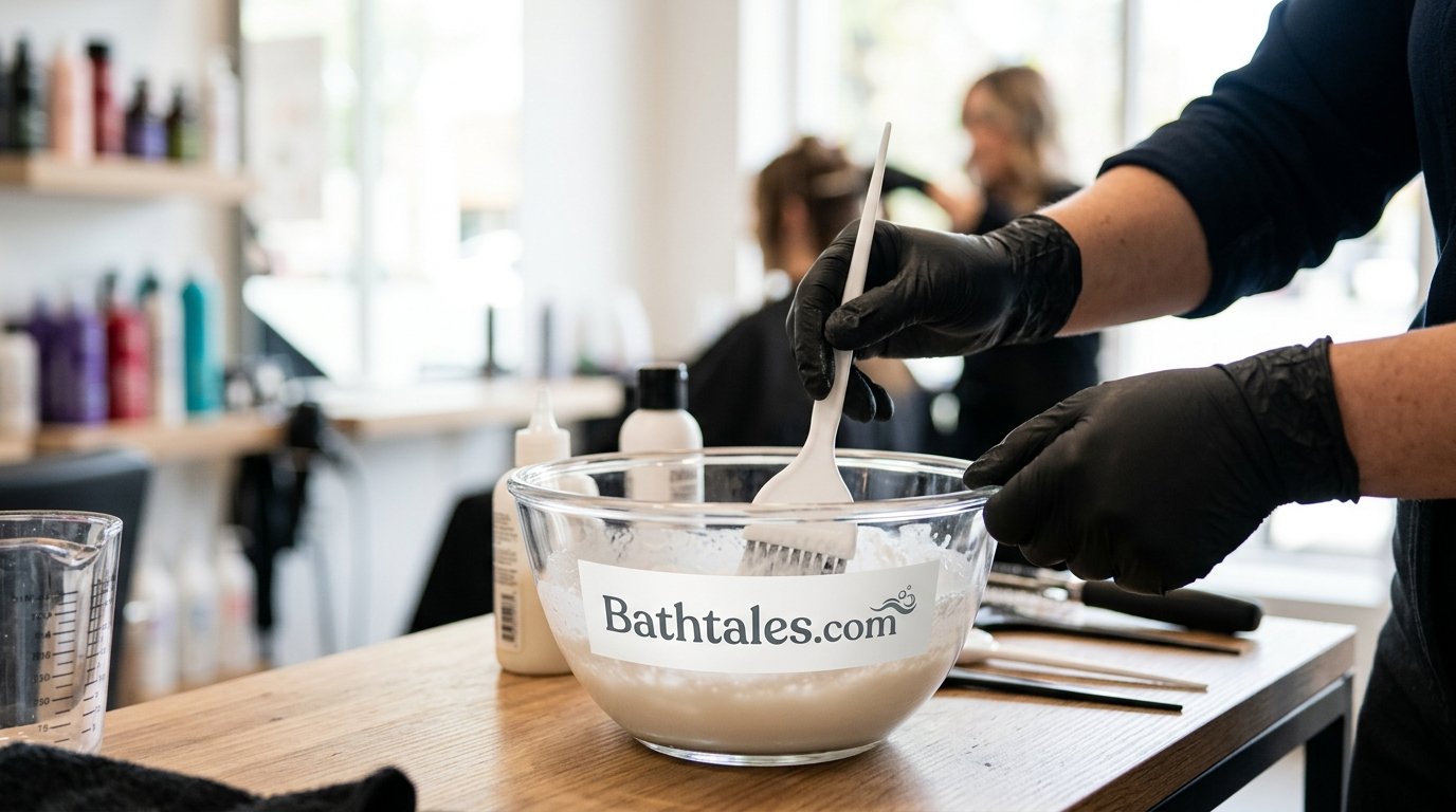 Hair colorist mixing a diluted bleach bath solution in a glass bowl