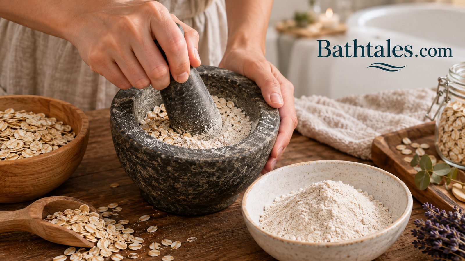 Hands grinding oats into fine powder for a homemade oatmeal bath