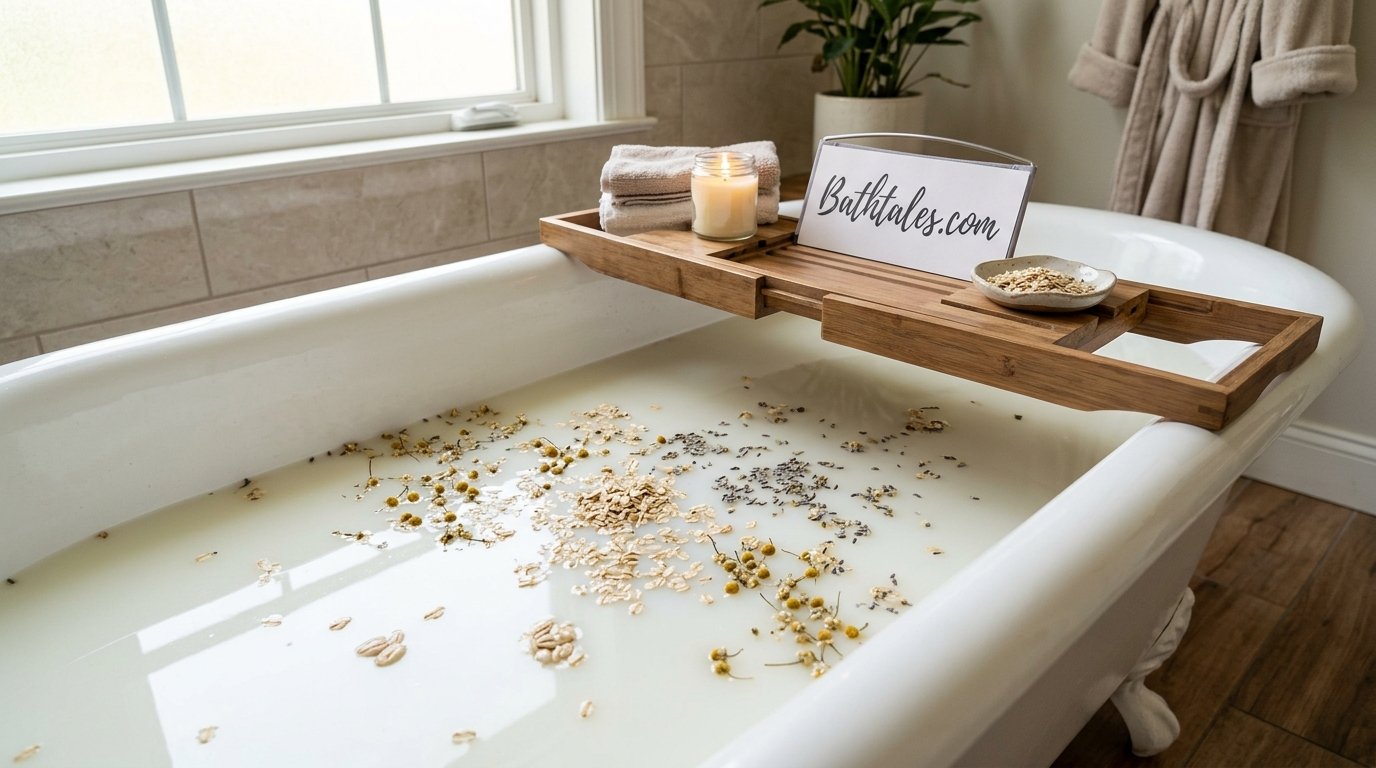 Milky oatmeal bath water in a tub