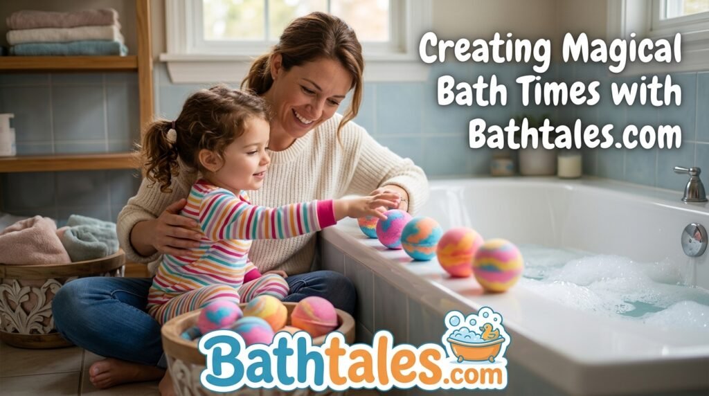 Parent and young child sitting beside a bathtub with colorful bath bombs