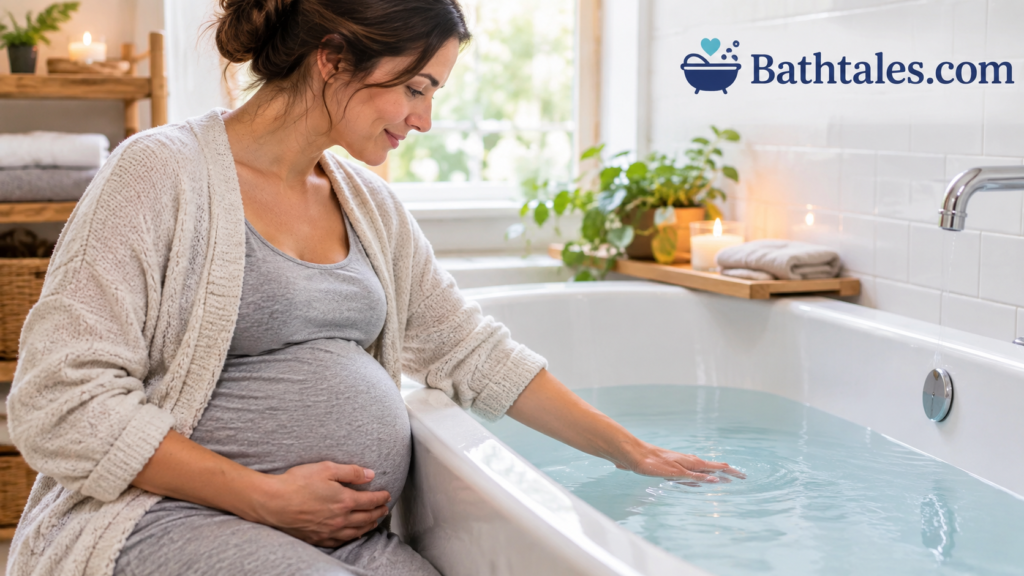 Pregnant woman testing bath water temperature with her hand before getting in