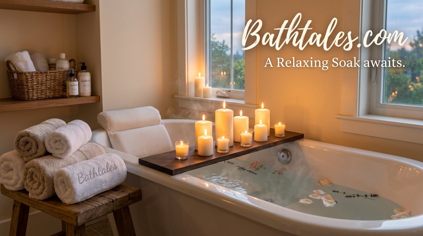 Warm bath with candles and towels set up for a relaxing soak